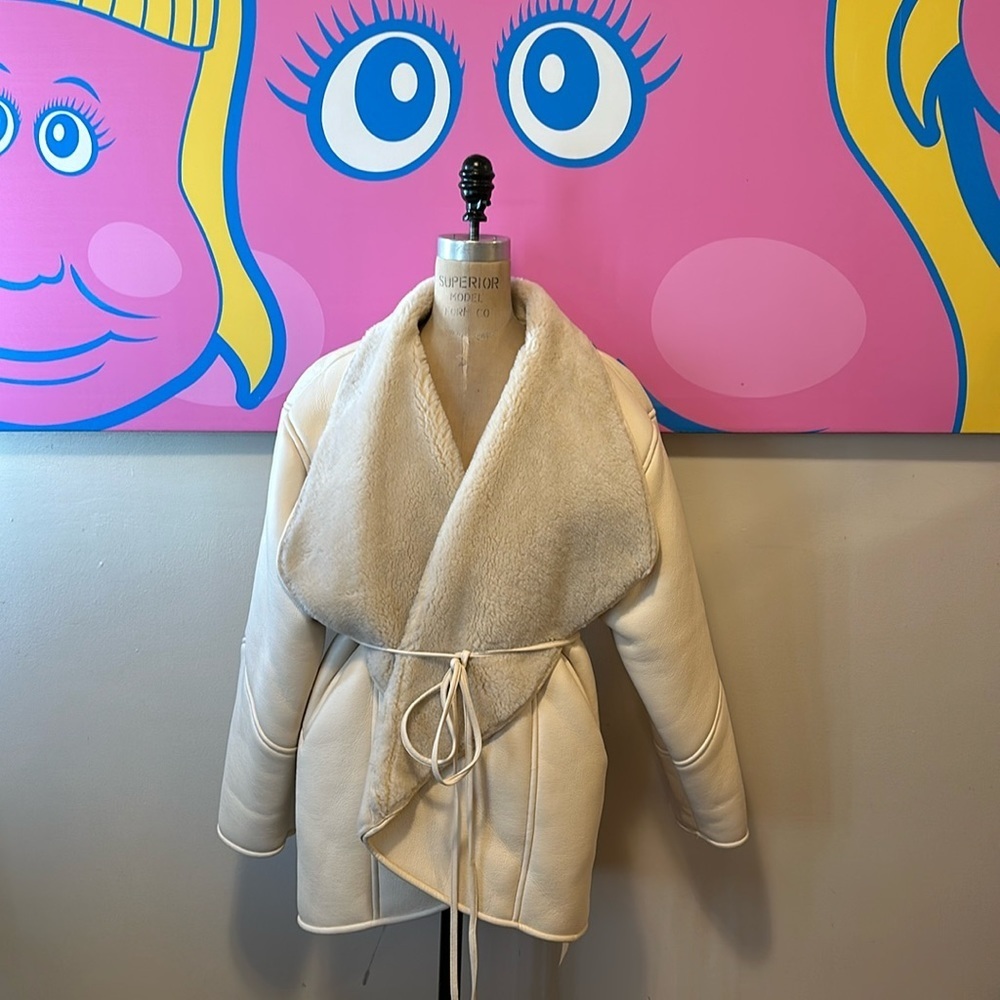 LOEIL WInter White Faux Leather Faux Shearling LIned Wrap Coat NWT